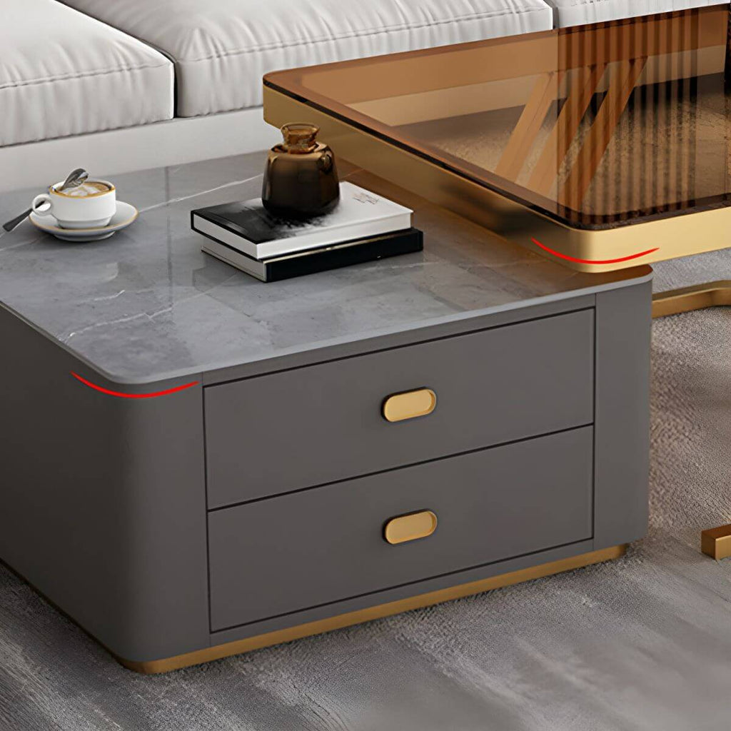 Modern square steel frame nesting coffee tables set with two pieces, including a small table