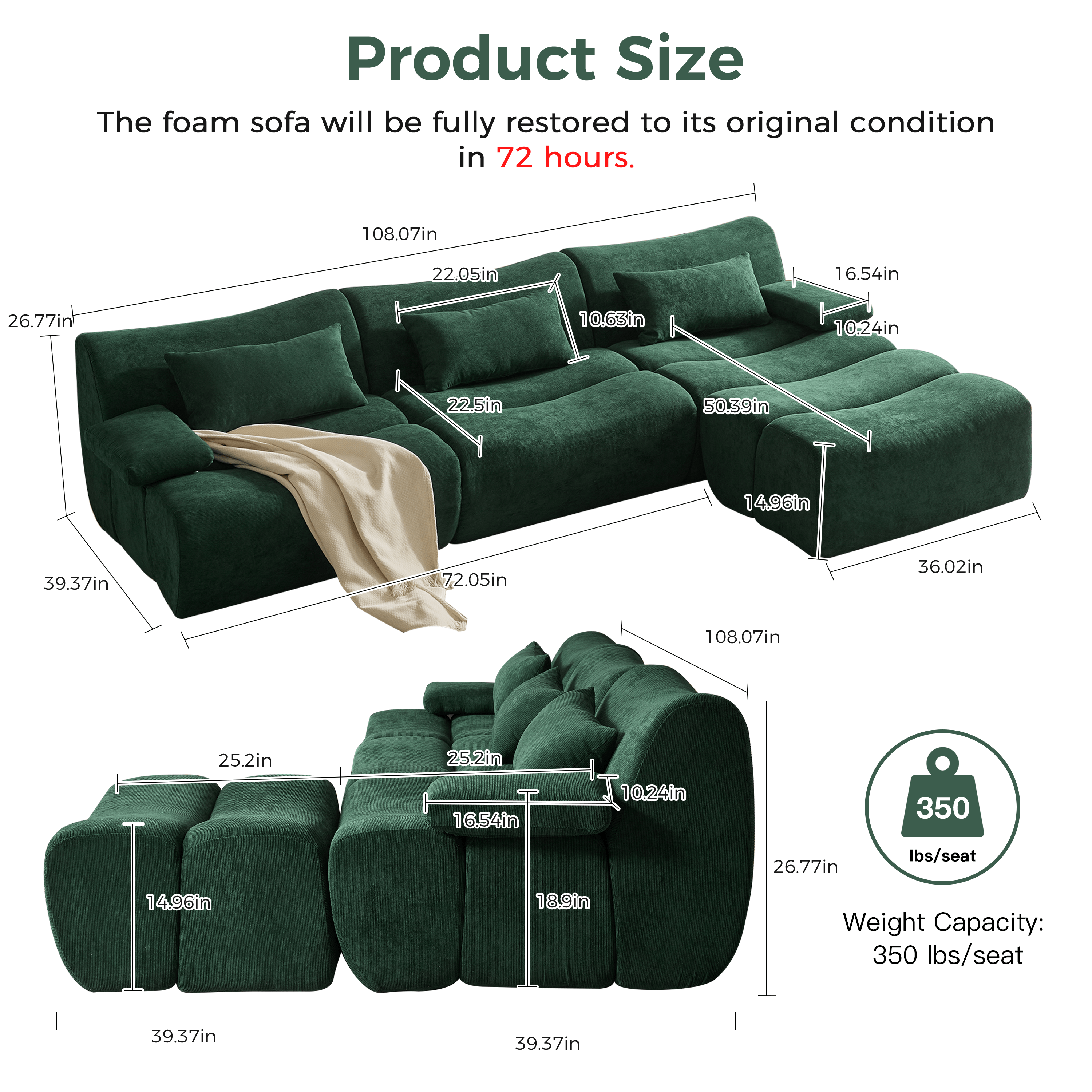 Green and brown modern corduroy sectional sofa with comfortable seating
