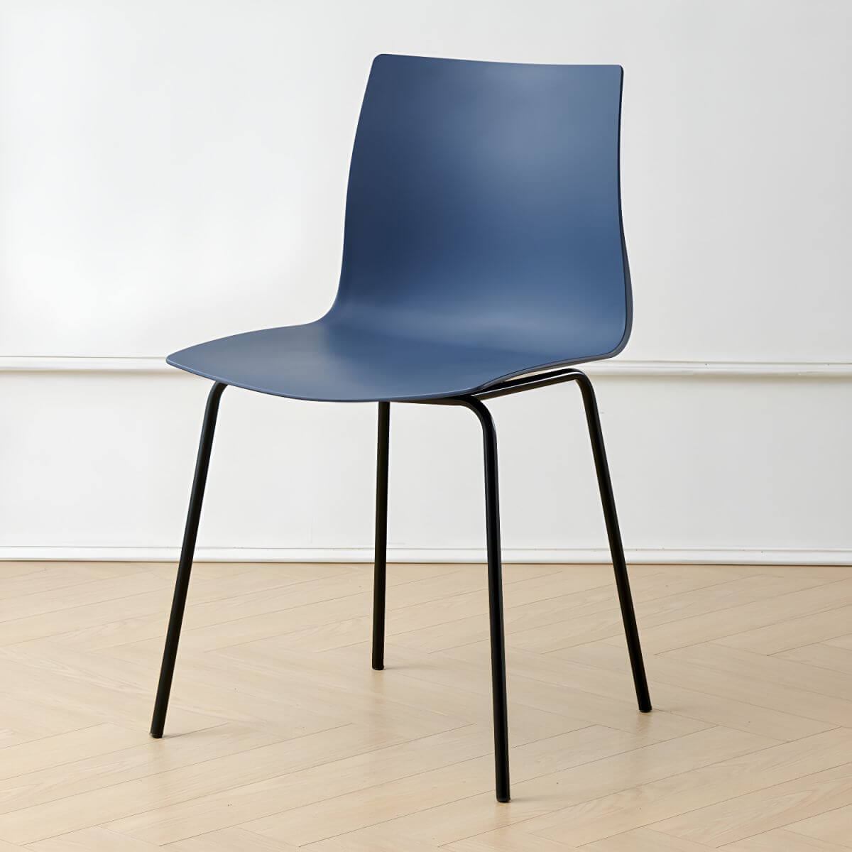 Modern plastic and acrylic side chair with metal legs, ideal for kitchen and dining rooms