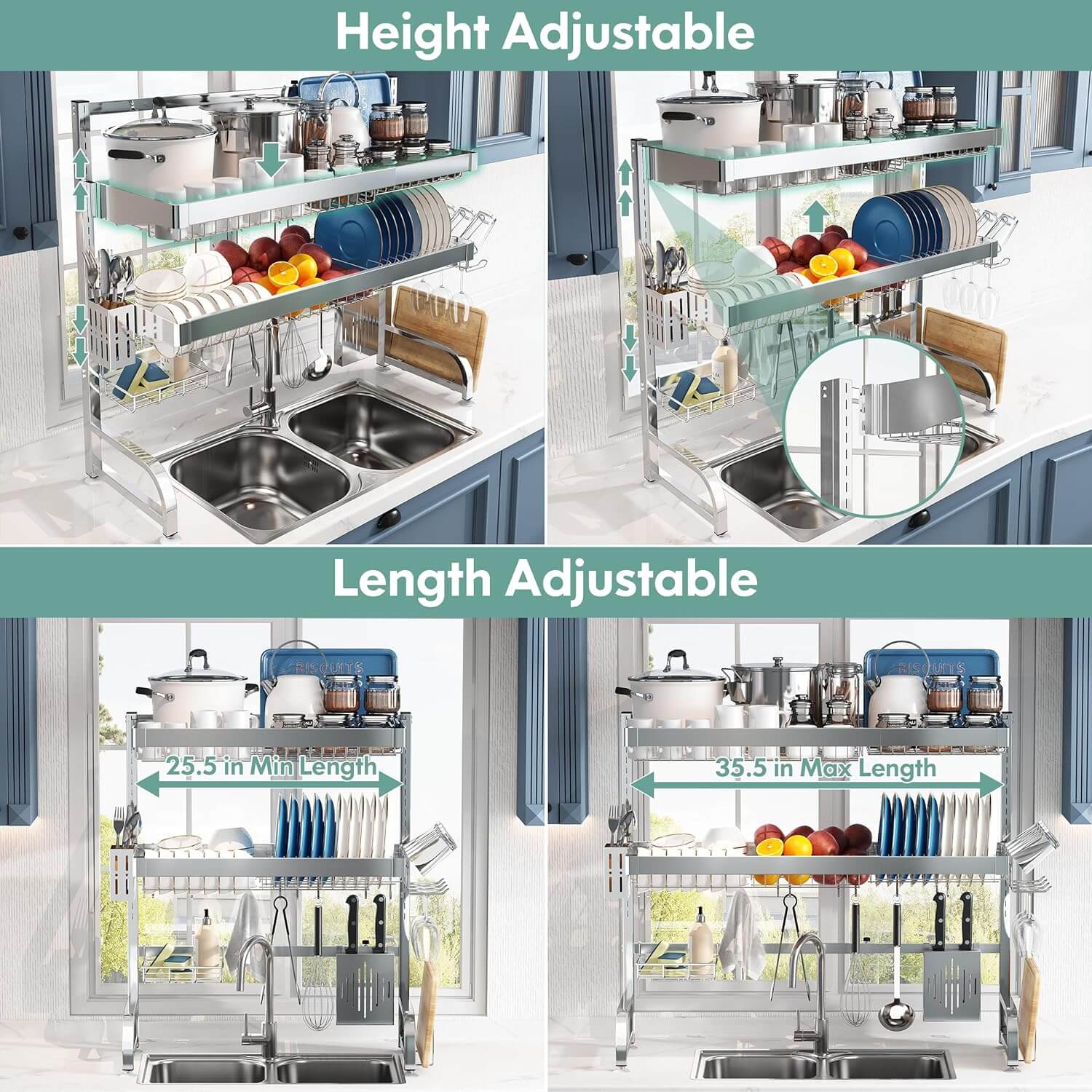 3-tier over sink dish drying rack made of 304 stainless steel, adjustable size 25.5 to 35.5 inches