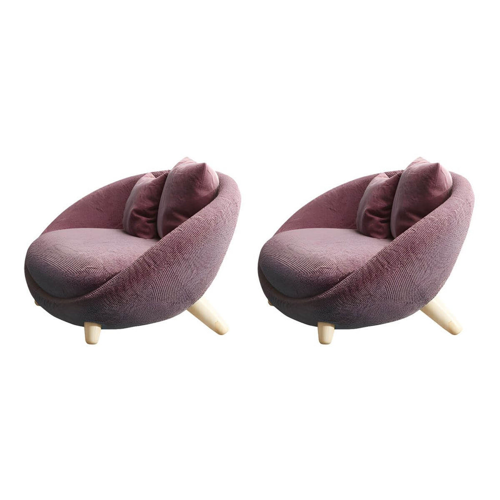 Scandinavian papasan chair with fixed back, sloped arms, cotton blend fabric, and 2 pillows