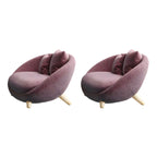 Scandinavian papasan chair with fixed back, sloped arms, cotton blend fabric, and 2 pillows