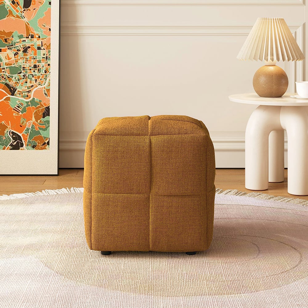 Brown linen pouf ottoman cube design, 15.7 inches wide, perfect footstool for living room