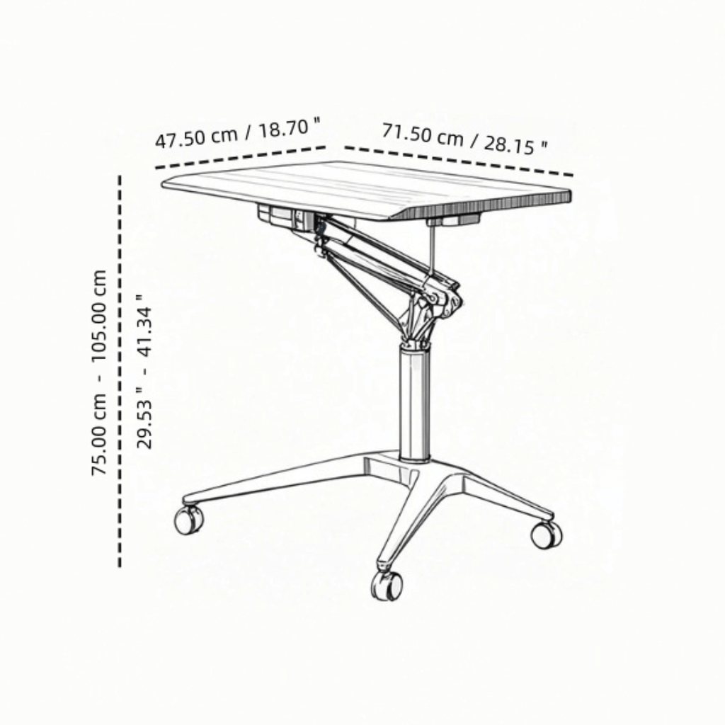 Mobile ergonomic standing desk with premium aluminium alloy frame and warm wood finish