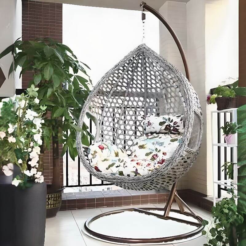 Oxidation resistant tropical magenta and grey basket alloy framed porch swing with stand and cushions