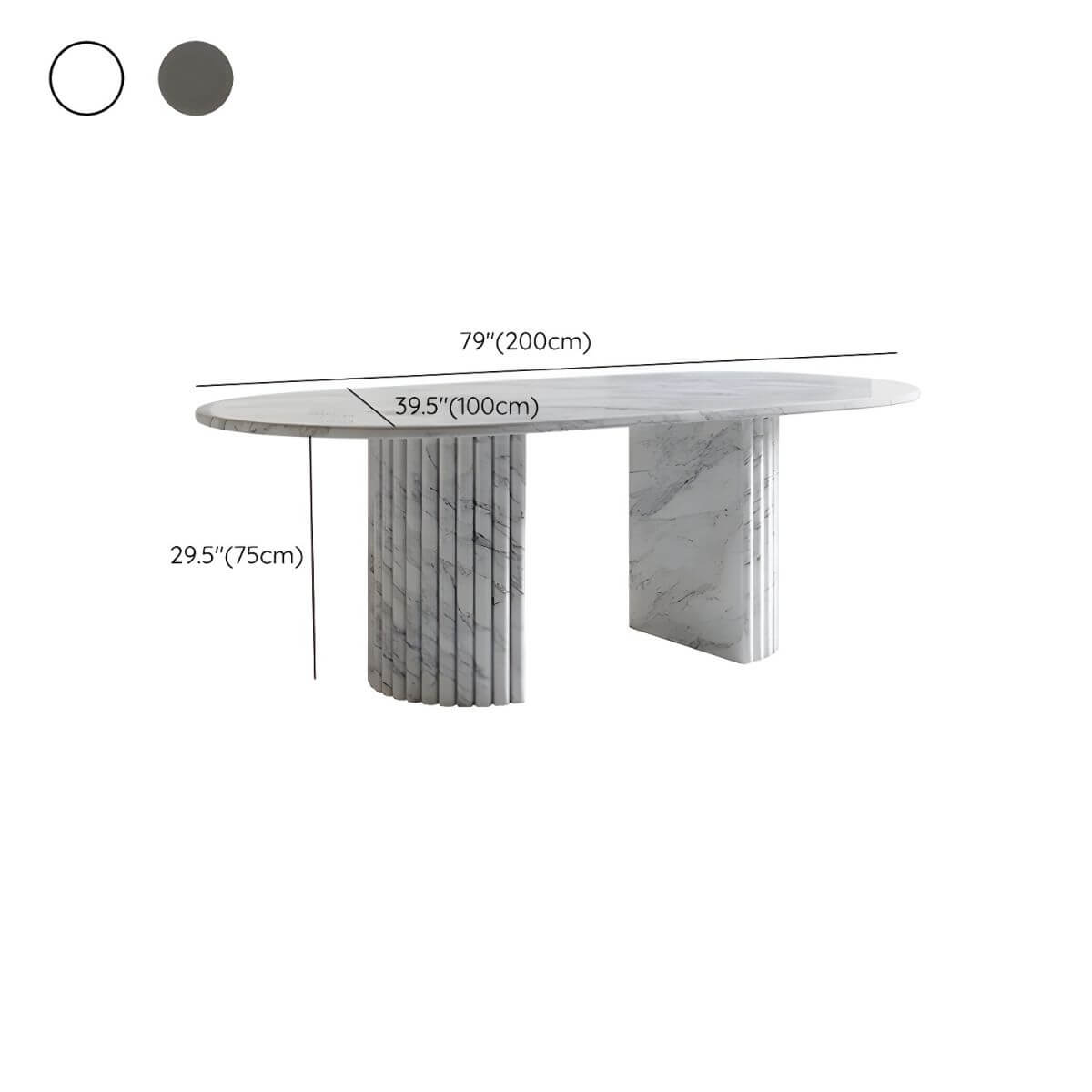 Modern oval marble dining table with white double pedestal base for stylish dining rooms