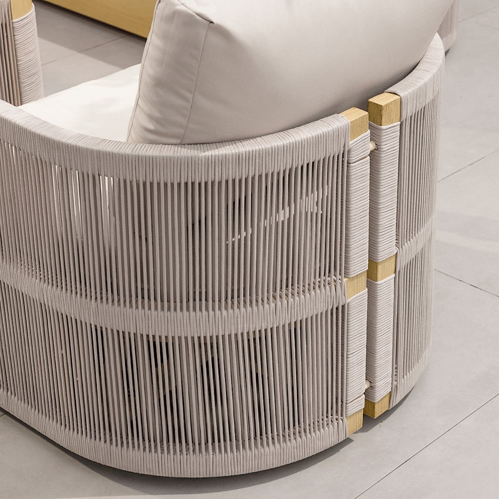 Modern outdoor swivel sofa set with aluminum frame and rope accents, includes coffee table in khaki