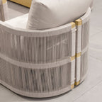 Modern outdoor swivel sofa set with aluminum frame and rope accents, includes coffee table in khaki