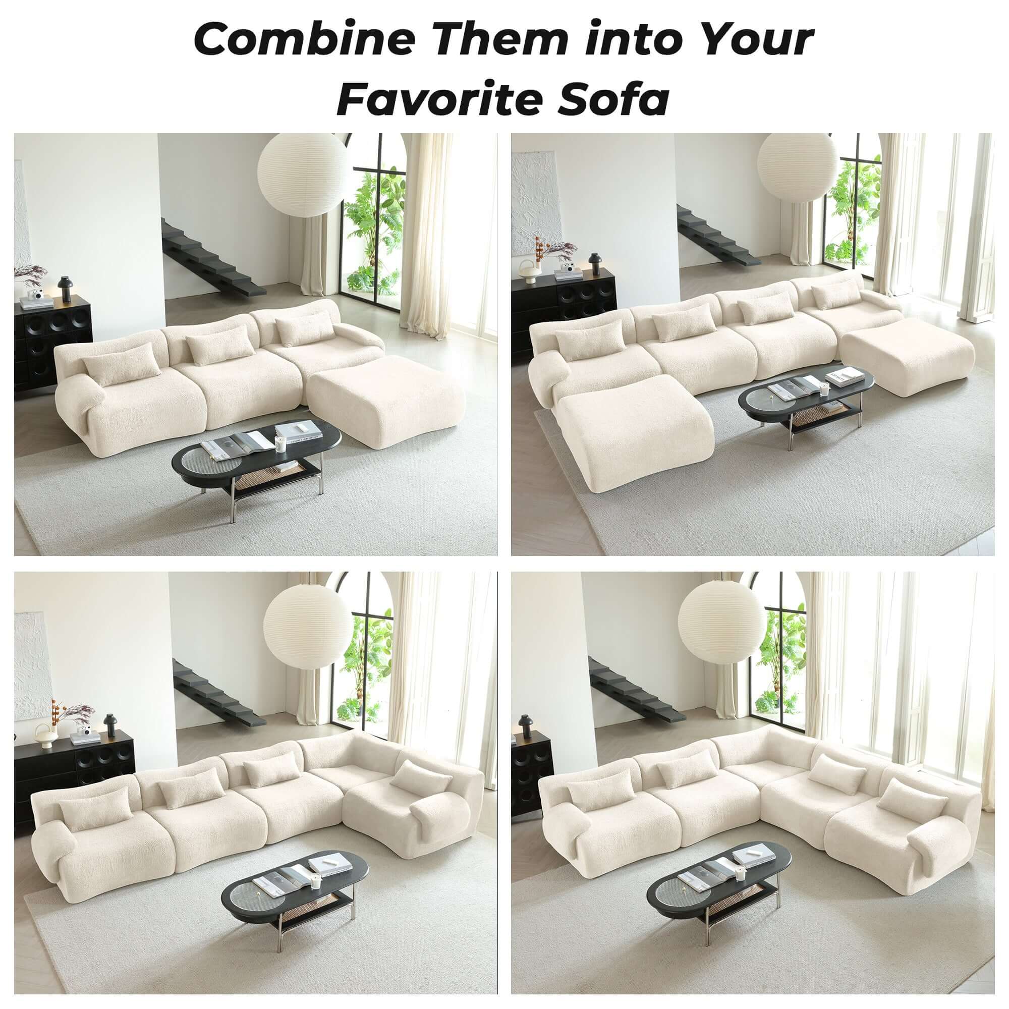 Modern sectional sofa upholstered in soft teddy velvet fabric with modular design