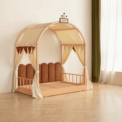 Lit château extensible en bois massif pour enfants avec baldaquin – Lit pour tout-petits à jumeaux de style tente avec tête de lit rembourrée