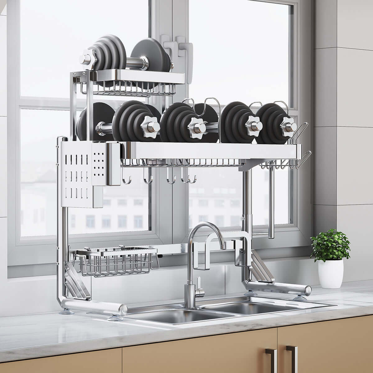 Large over-sink dish drying rack with multi-function organizer shelf for efficient kitchen storage