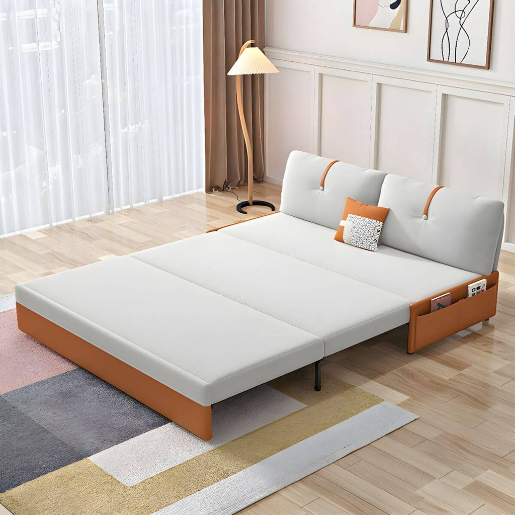 Orange polyester blend sleeper sofa with steel frame and casters, modern futon for versatile seating