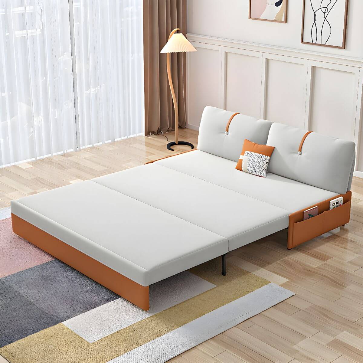 Orange polyester blend sleeper sofa with steel frame and casters, modern futon for versatile seating