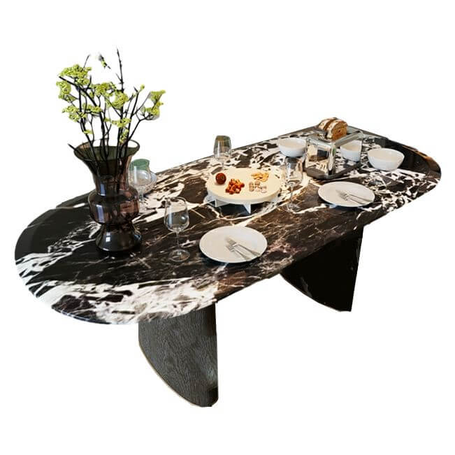 Modern oval black marble dining table with double pedestal base for stylish dining rooms