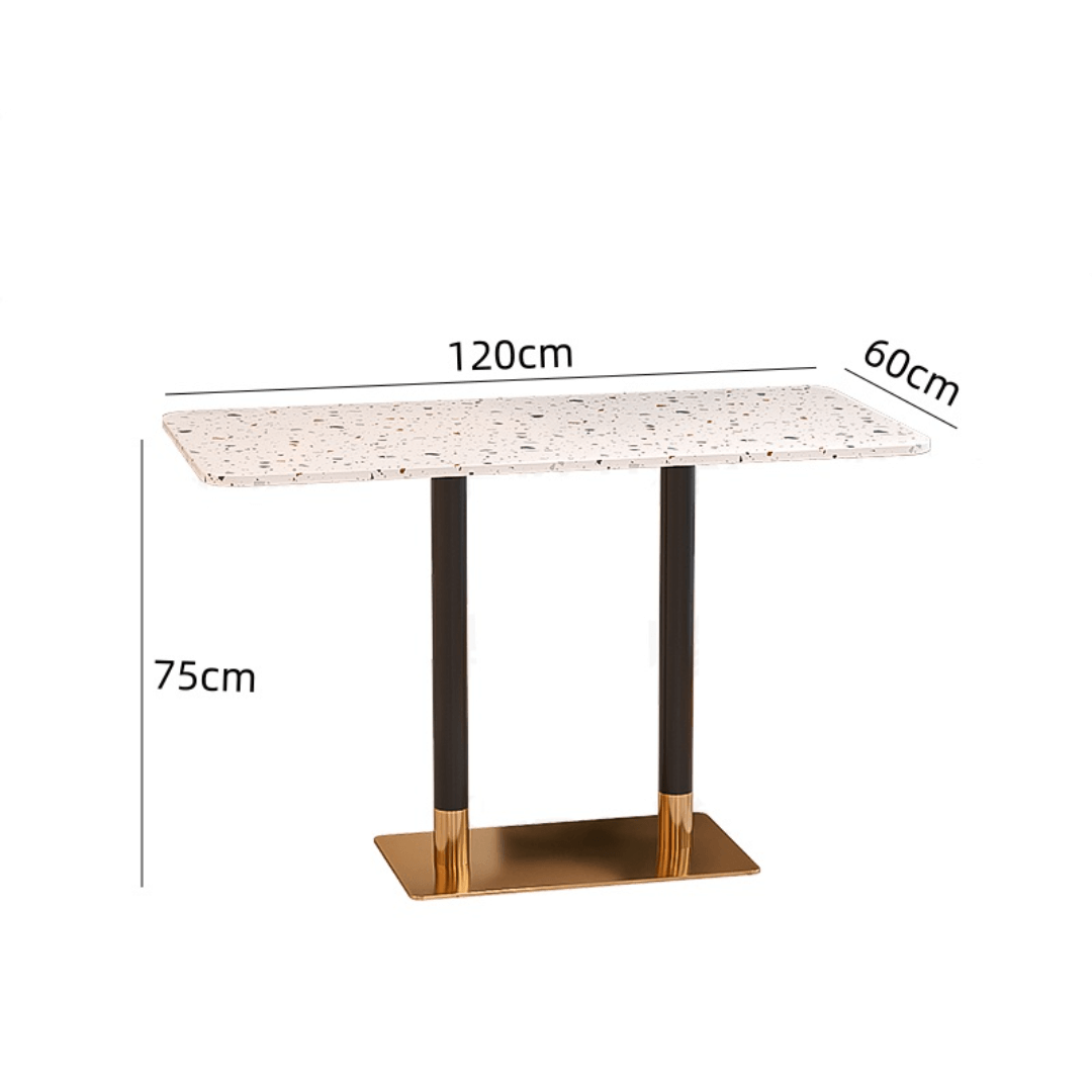 Rattan dining chairs with durable terrazzo table for an elegant dining setup