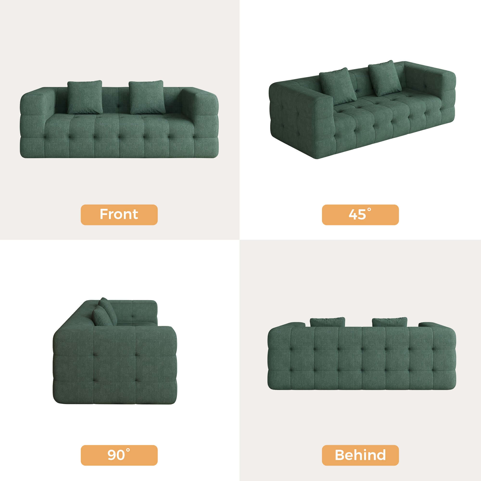 Green love seat sofa upholstered in soft chenille velvet fabric, perfect for modern living rooms