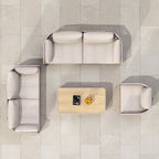 Modern outdoor swivel sofa set with aluminum frame and rope accents, includes coffee table in khaki
