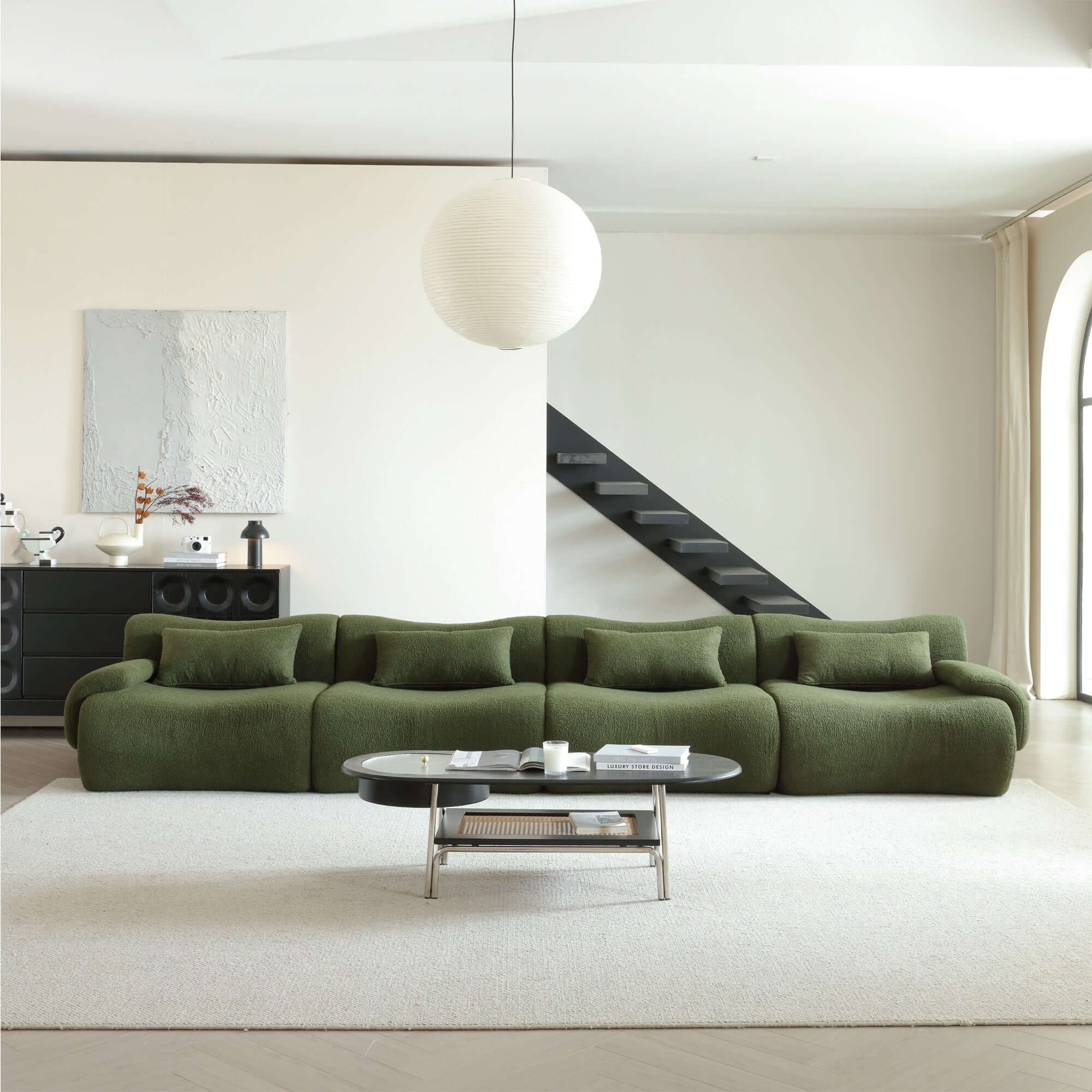 Modern sectional sofa upholstered in soft teddy velvet fabric with modular design