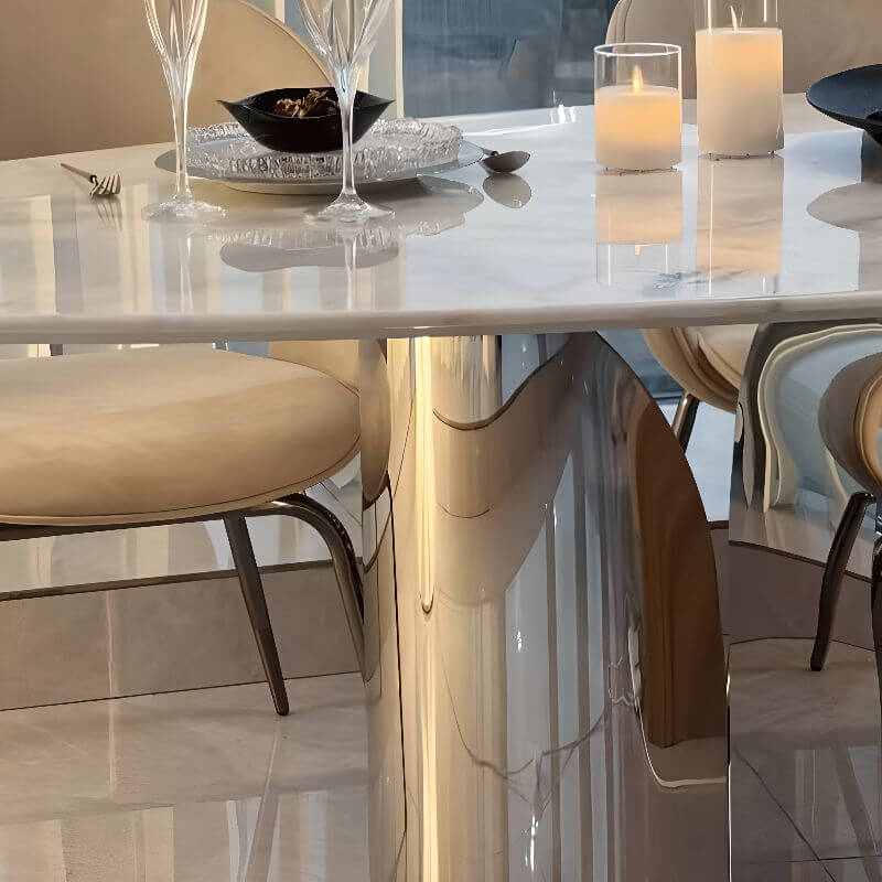 Oblong marble dining table with white Art Deco style and fixed legs