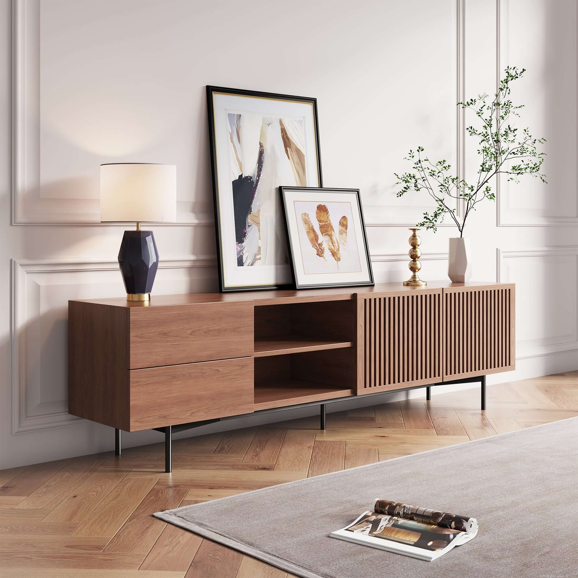 Media console TV stand with 2 drawers and 2 doors, suitable for TVs up to 78 inches