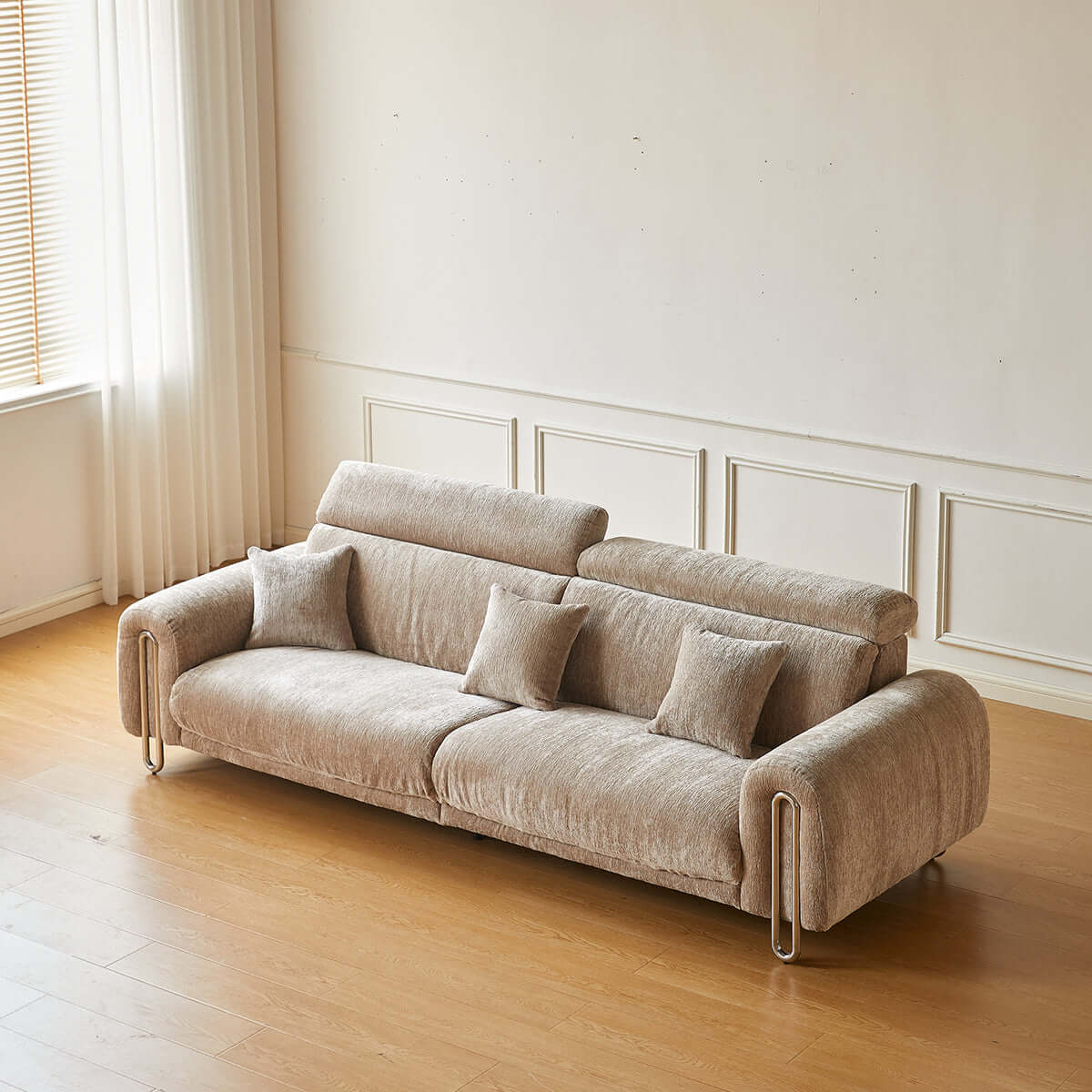 Contemporary chenille lounge sofa featuring a removable couch cover for easy cleaning