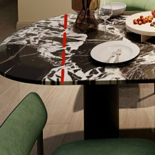 Modern oval black marble dining table with double pedestal base for stylish dining rooms