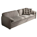 Gray Scandinavian sofa bed with fabric upholstery and coir faux leather sleeper, 69 inches long