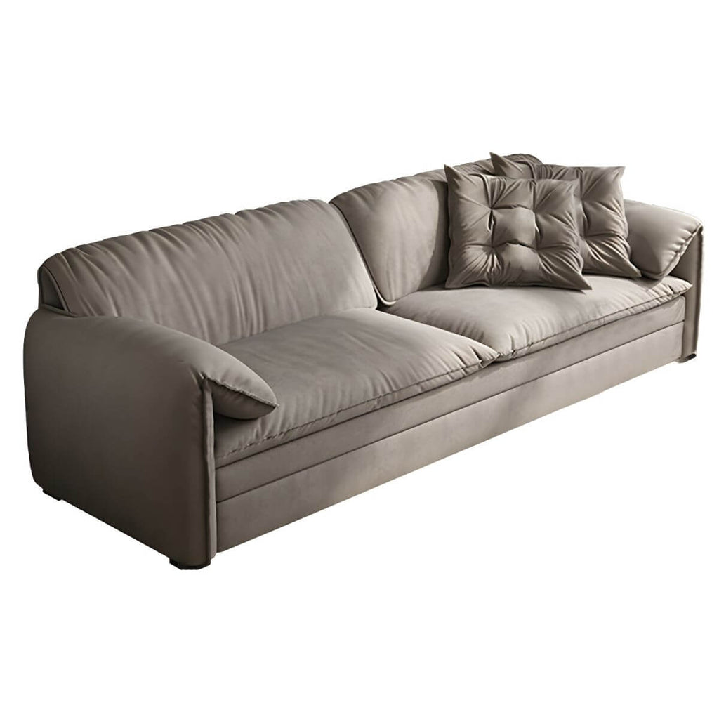 Gray Scandinavian sofa bed with fabric upholstery and coir faux leather sleeper, 69 inches long