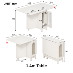 Minimalist Cream Foldable Dining Table with Wheels - Easy to Assemble