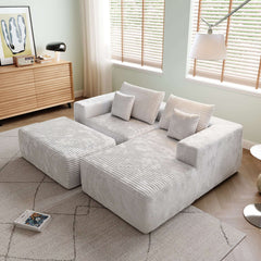 L-shape Beige Color Corduroy Sofa with Ottoman