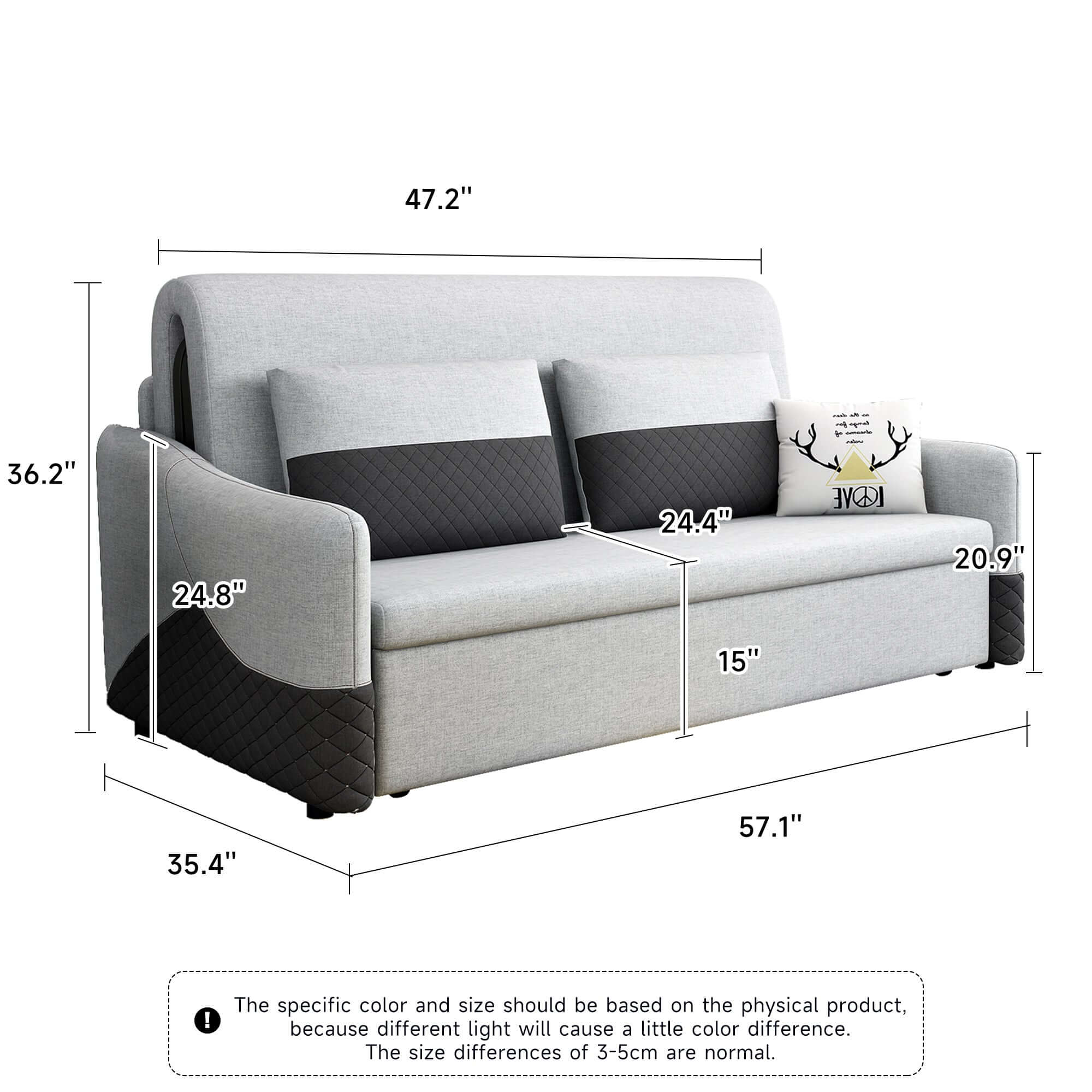 Grey 3-in-1 pull out couch bed with cotton linen upholstery and storage chaise