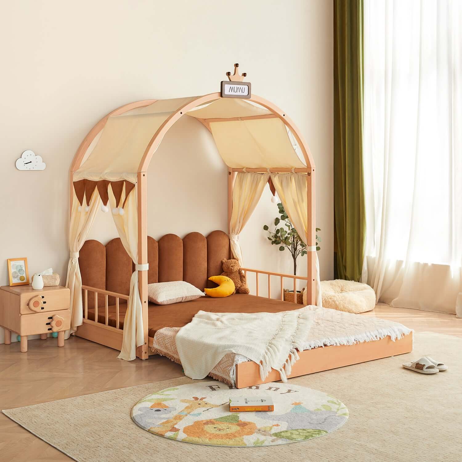 Extendable solid wood kids castle bed with canopy and upholstered headboard, converts from toddler to twin size