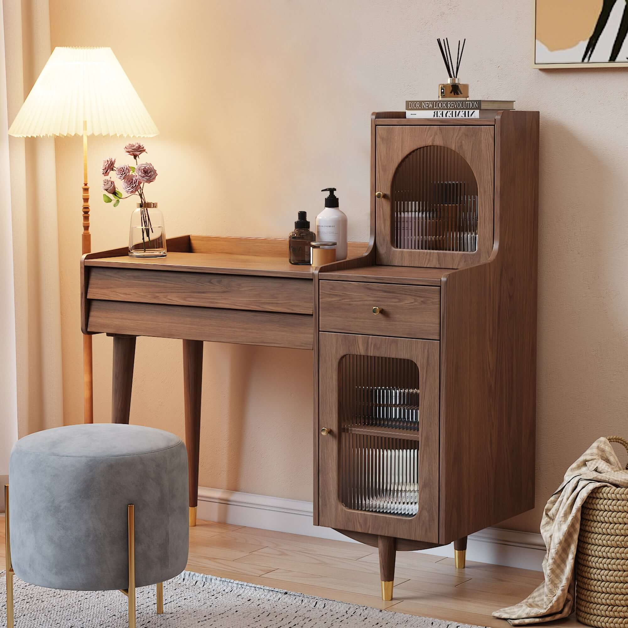 Wooden storage dressing table with adjustable side cabinet for versatile organization