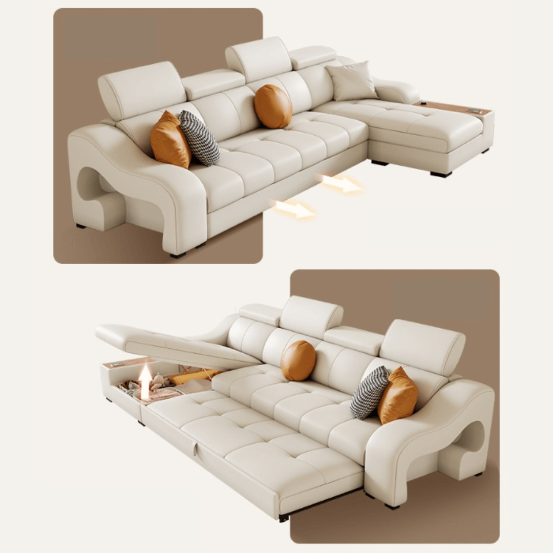 Space-saving sofa bed with a cute pony stool, perfect transformable furniture for small spaces