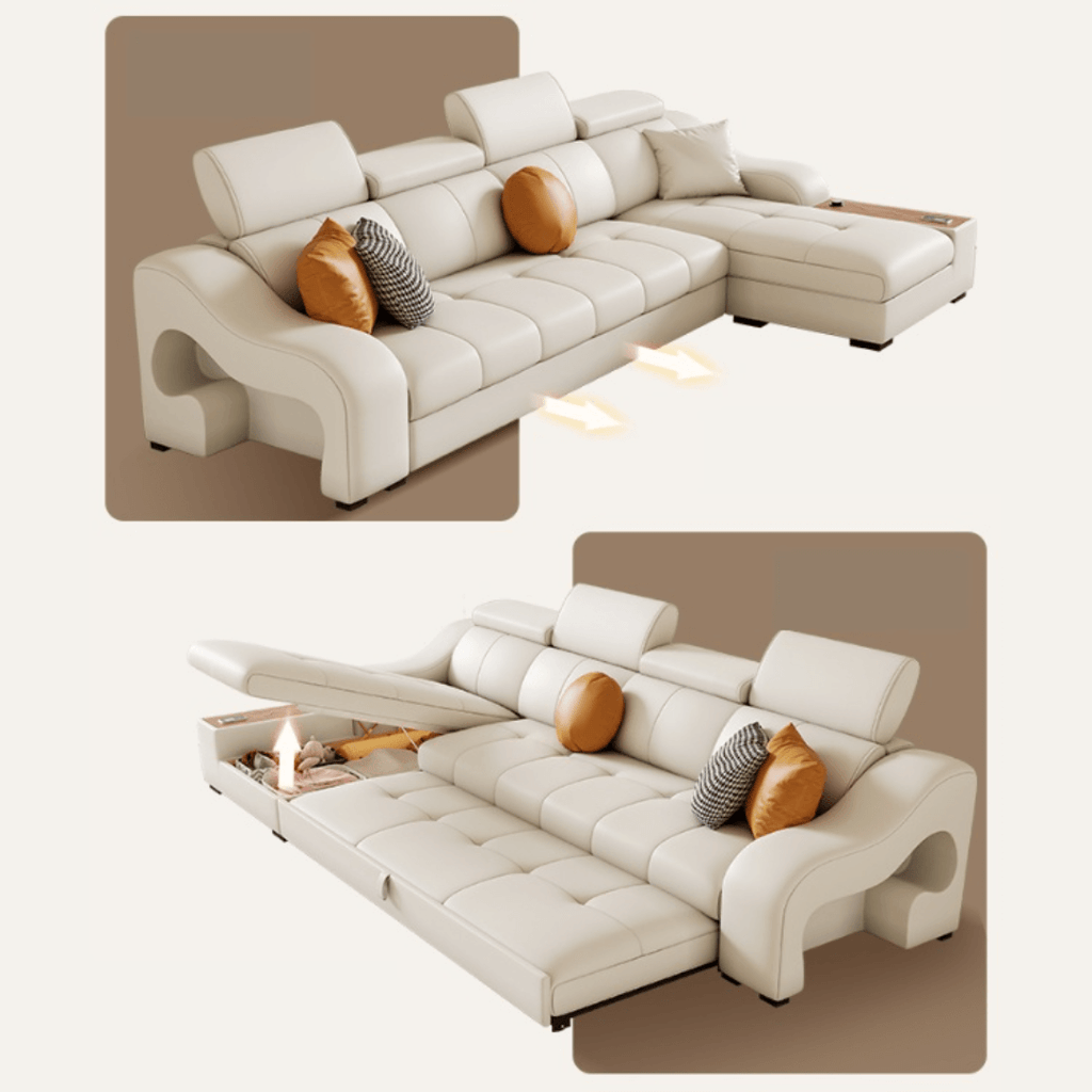 Space-saving sofa bed with a cute pony stool, perfect transformable furniture for small spaces