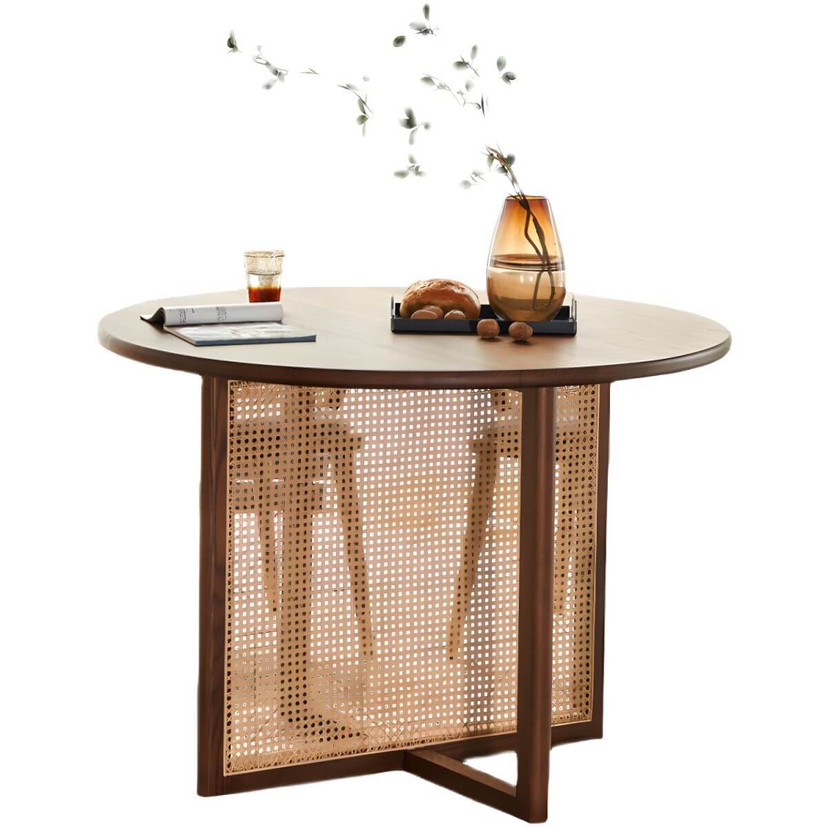 5-piece solid wood dining set with round rattan table and four chairs for dining room