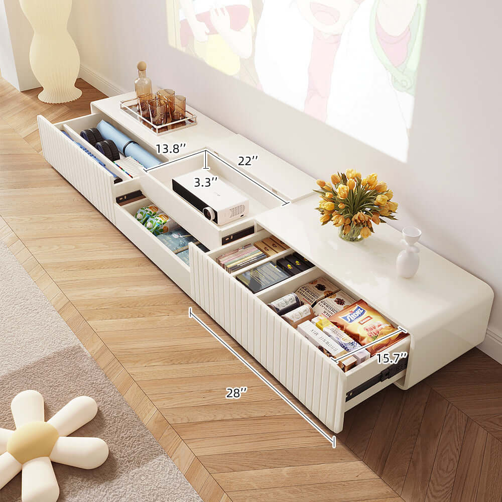 Beige minimalist TV stand and entertainment center with storage drawers for living room