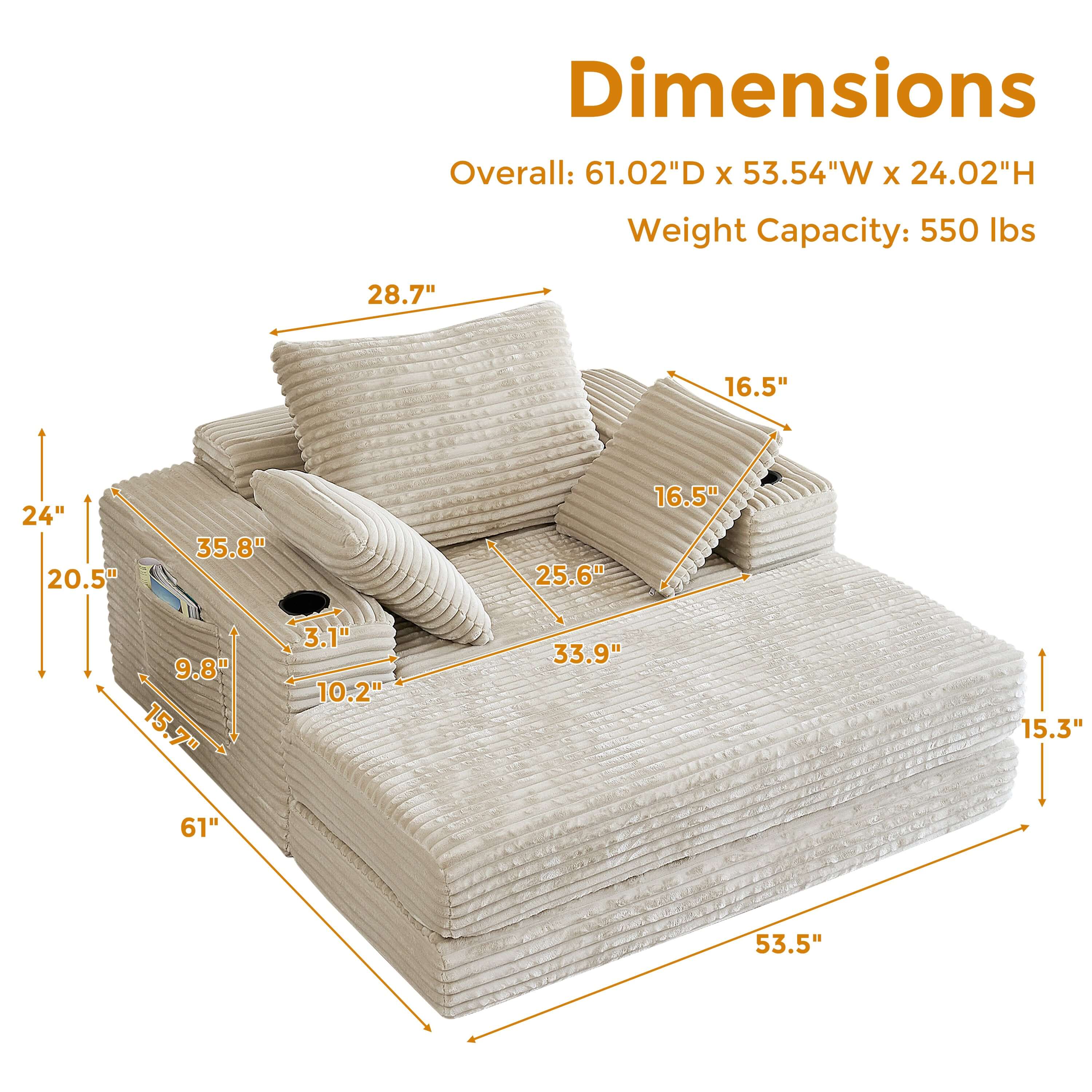 Modern oversize chaise lounge sofa bed measuring 53.5 inches, perfect for stylish living spaces