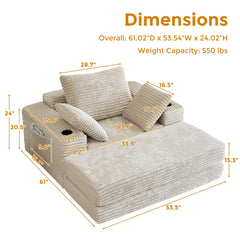53.5” Modern Oversize Chaise Lounge Sofa Bed