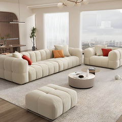 Modern Beige Upholstered Wood Sofa with Square Arms and Sewn Pillow Back Sofa