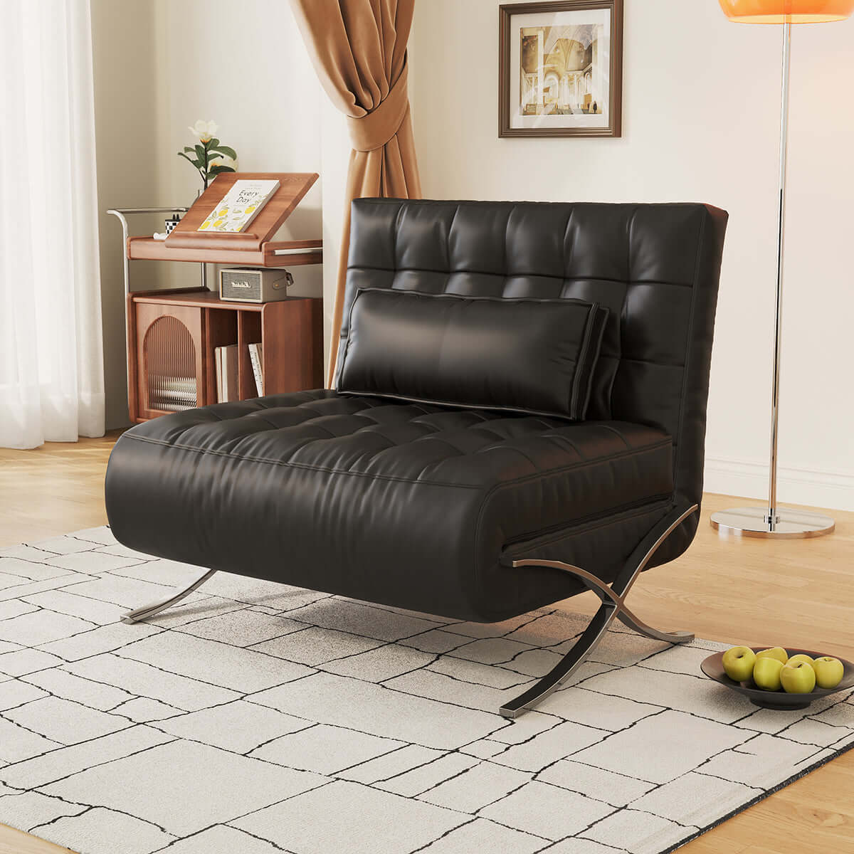Retro leather Barcelona sofa chair with metal legs, featuring a lazy design for comfort