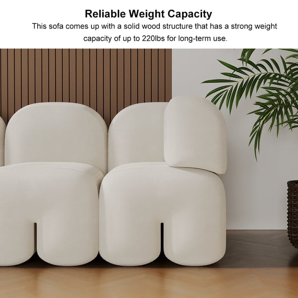 Modern white upholstered velvet floor couch, 4-seater sofa for living room seating