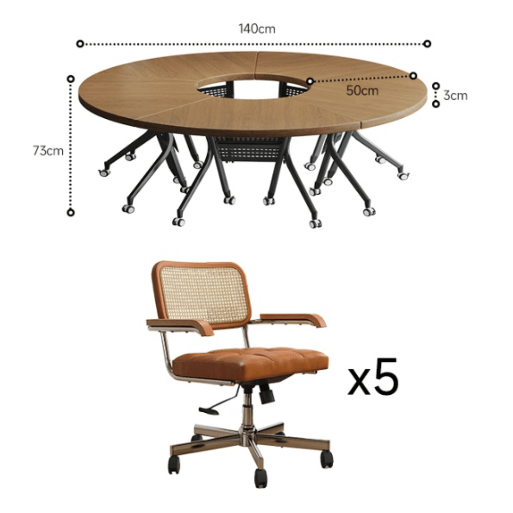 Foldable conference table with modern curve design and comfortable mesh chairs for meetings