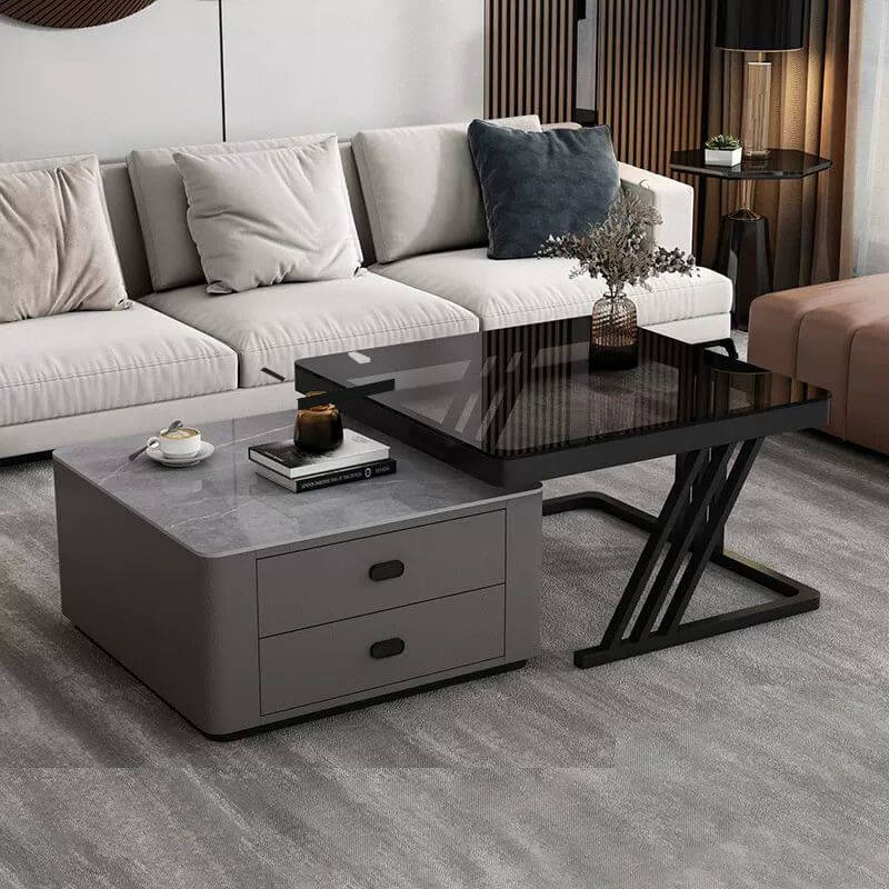 Modern square steel frame nesting coffee tables set with two pieces, including a small table