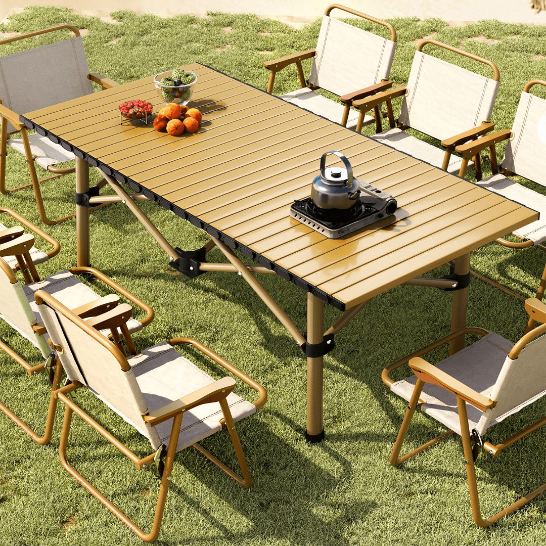 Foldable outdoor dining set with chairs and table, ideal for camping and backyard BBQs main product image メイン画像