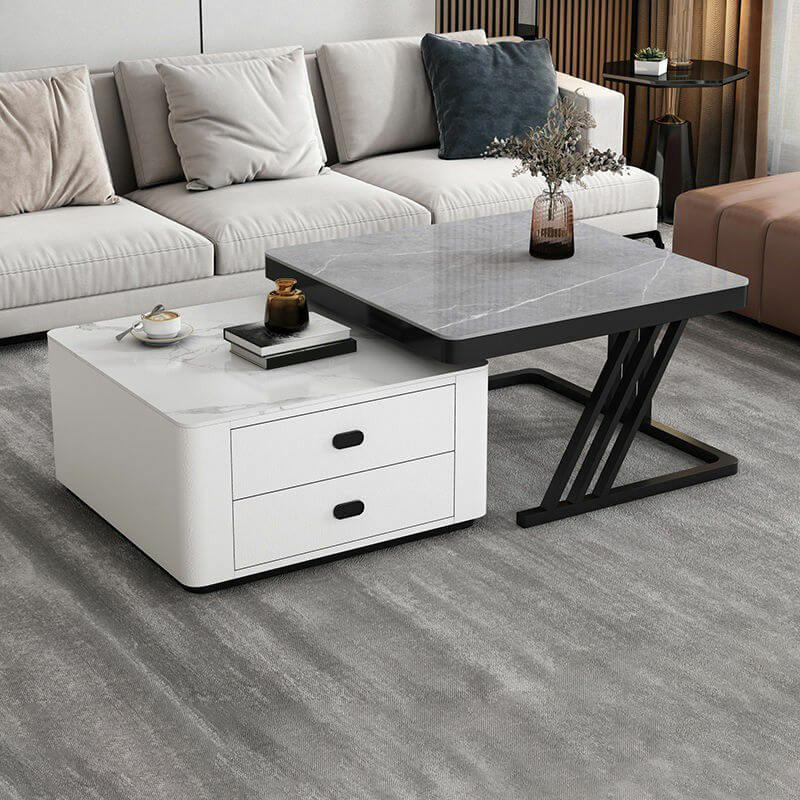 Modern square steel frame nesting coffee tables set with two pieces, including a small table