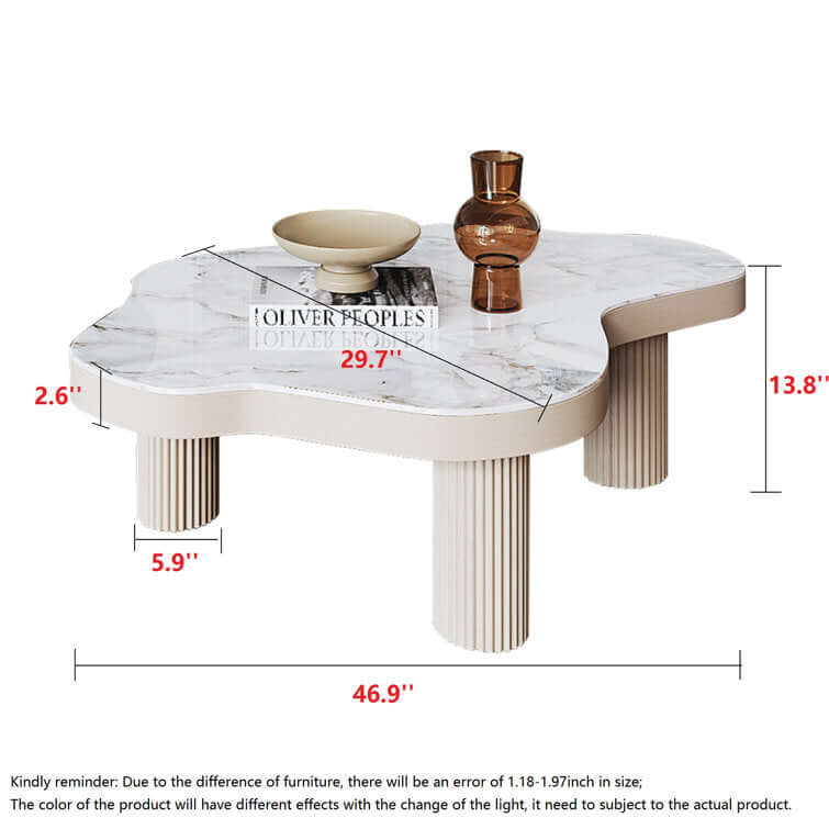 White sintered stone coffee table with three legs, perfect for indoor tea settings