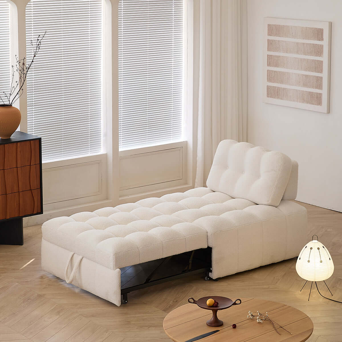Cocochairs Teddy Fleece Lounge Sofa Bed – Cream White Pull-Out Sleeper for Small Spaces