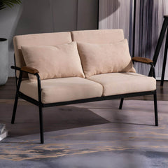 Mid Century Modern Sofa with Black Metal Frame and Solid Wood Arms for 2 People Sofa
