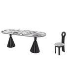 Oval marble dining table set with dual footing, solid back panel, and cushioned chairs